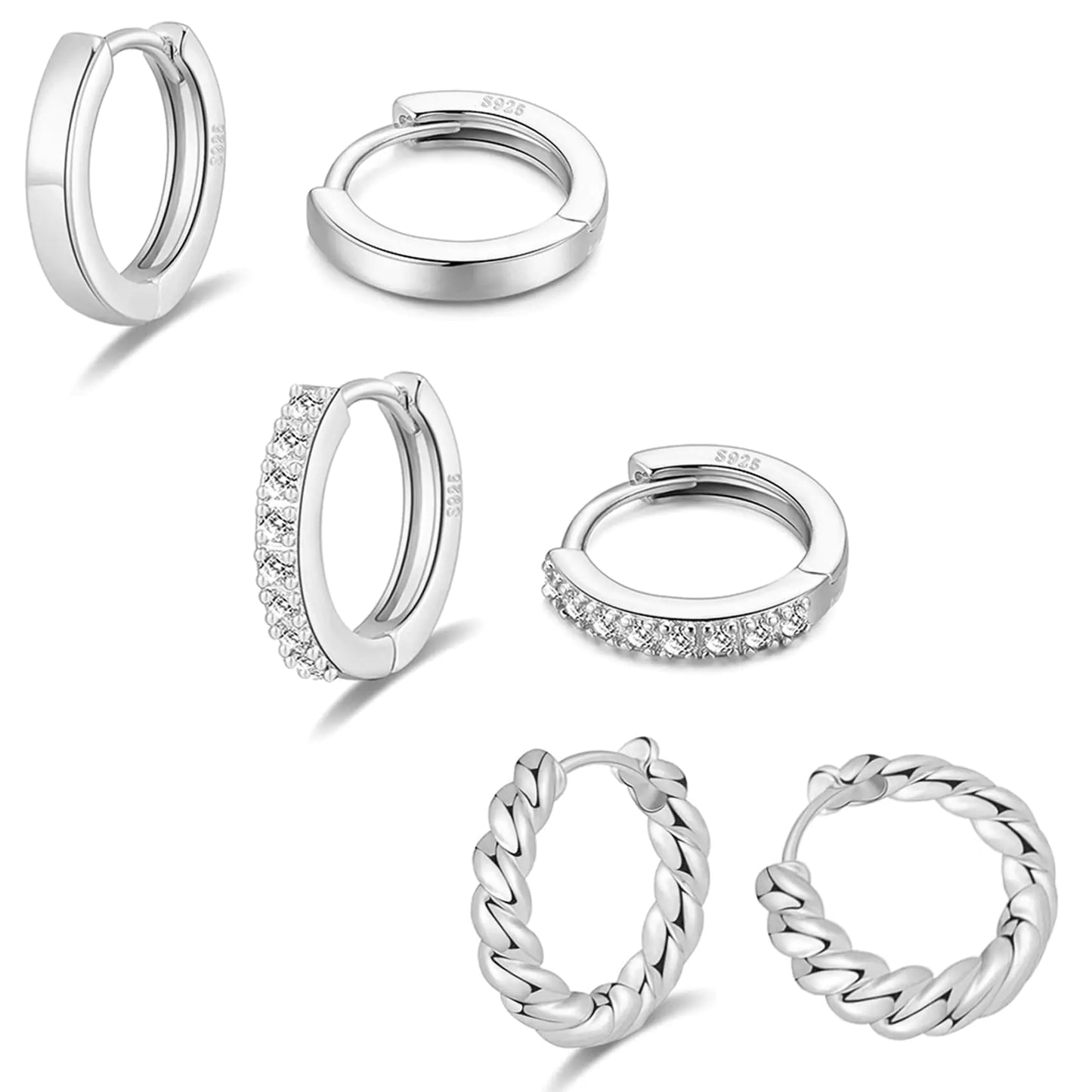 3 Pairs Silver Hoop Earrings for Women S925 Sterling Silver Huggie Hoop Earrings Hypoallergenic Lightweight Mini Hoop Earrings with Cubic Zirconia Small Silver Hoops for Women